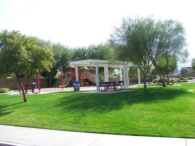 Picnic pavilion and play area surrounded by maintained lawn and mature trees