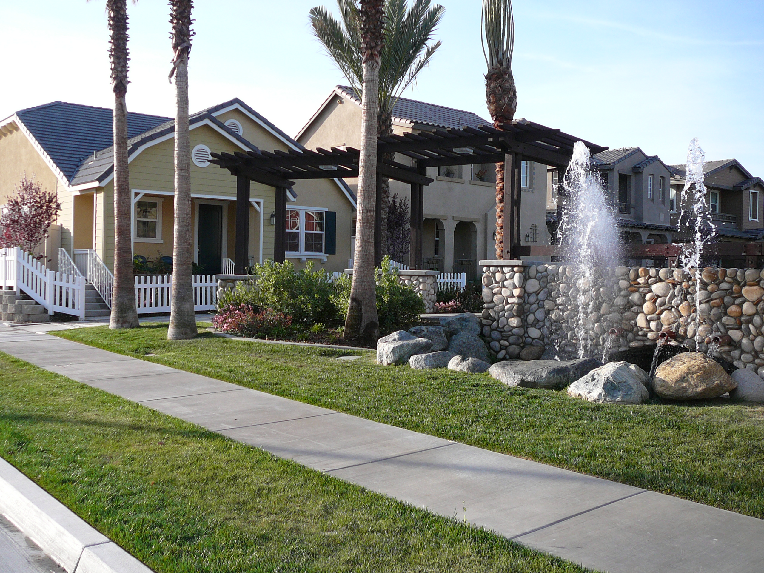 Community sidewalk bordered by palms, flowering shrubs, and green groundcover